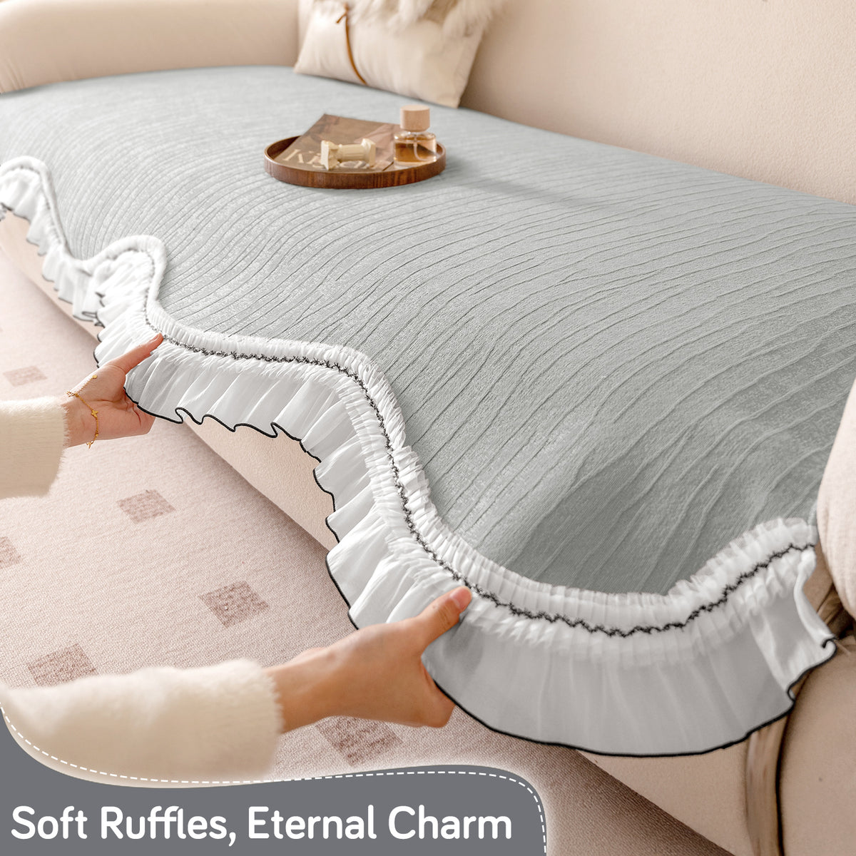 French Lace & Luxe with White Ruffle Edge Sofa Cover Mat, Featherlight Grey - view 11