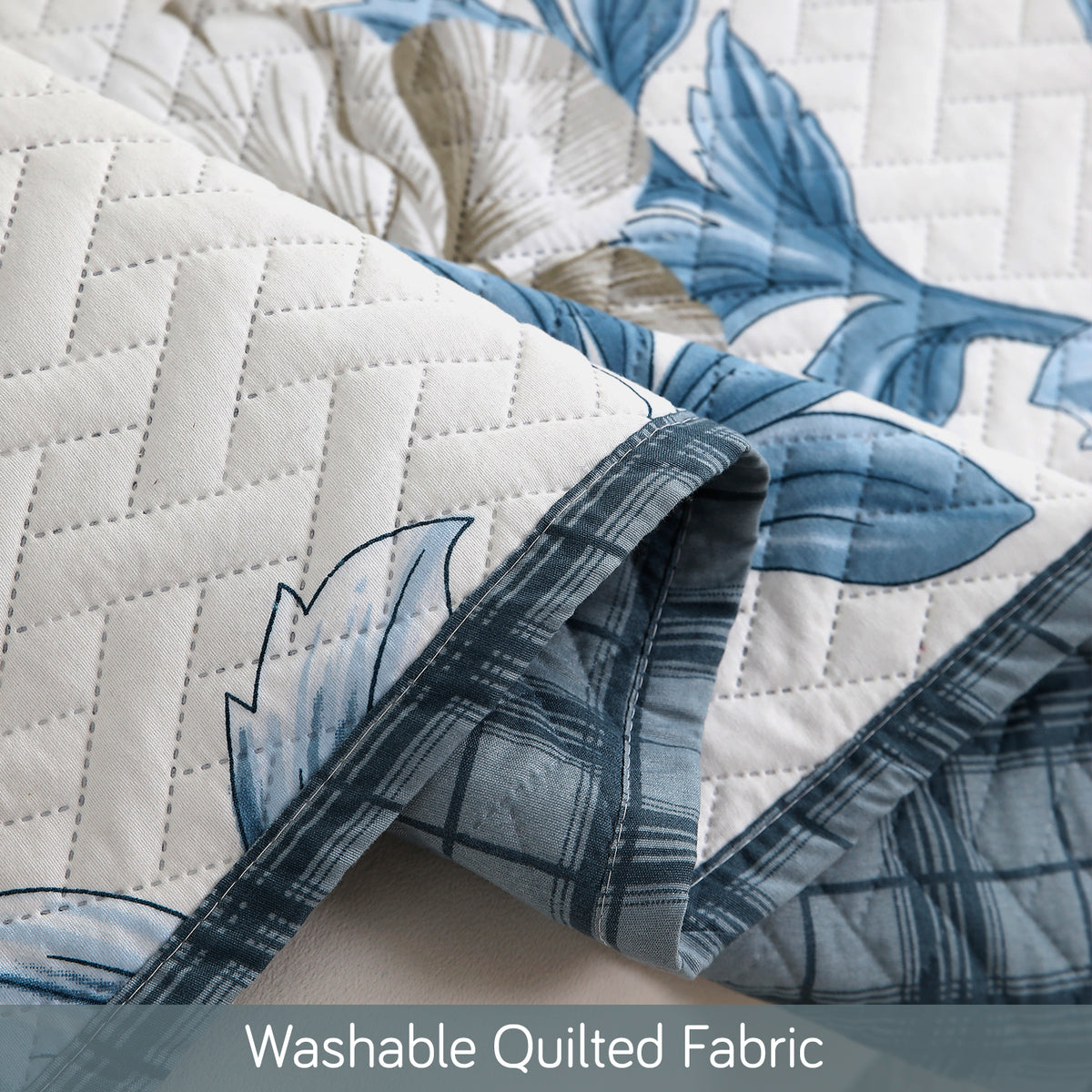 'Homehues' Printed Quilted Sofa Cover Mats, Celadon Blue Camellia