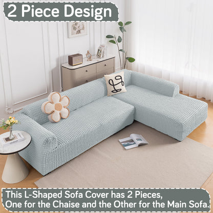 Aria Nova Bubble 2-Piece Stretchable L Shape Sofa Cover with Right Chaise, Light Grey