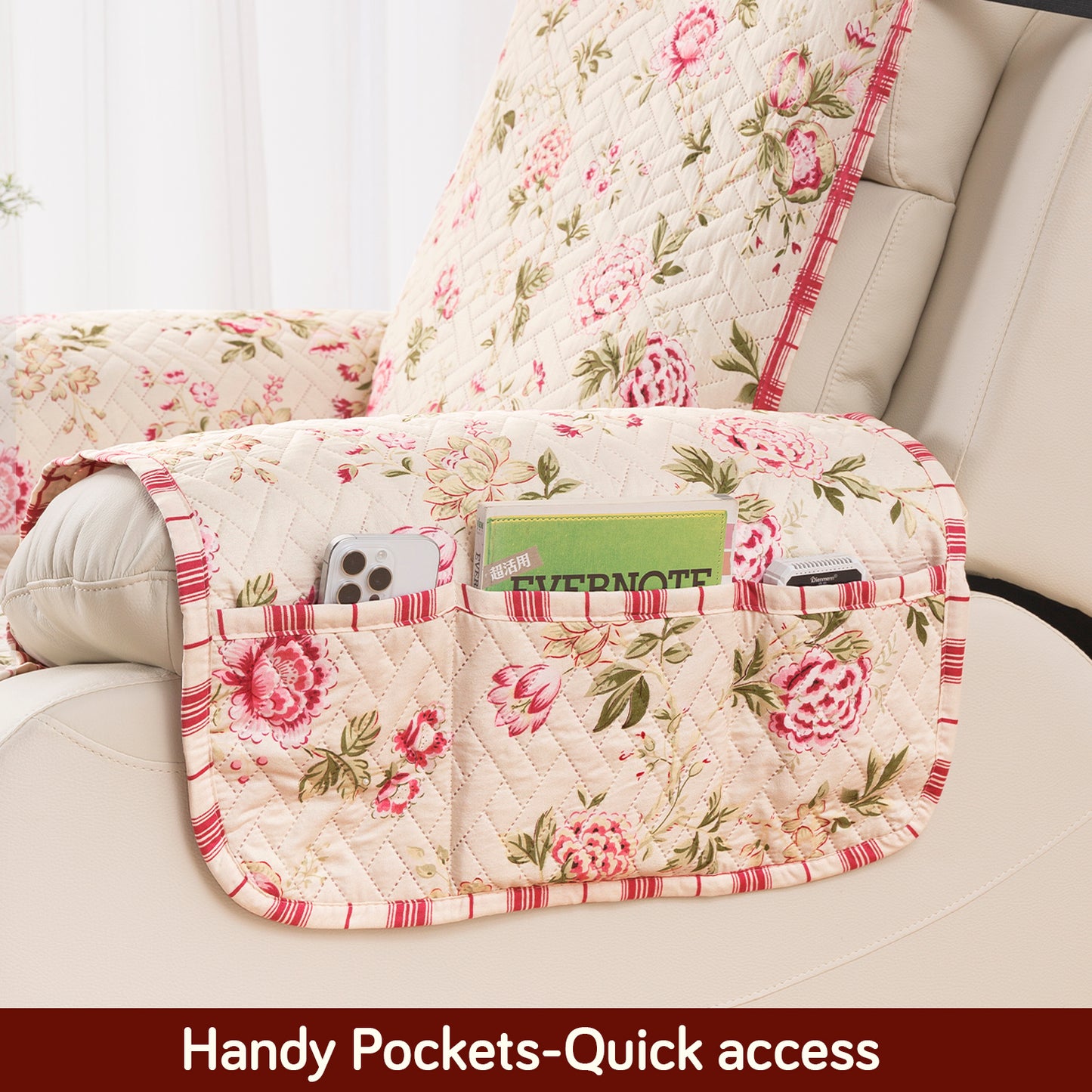 Quilted Cover for Recliner Sofa with SecureFit Belt & Side Pocket, Beige Peonies