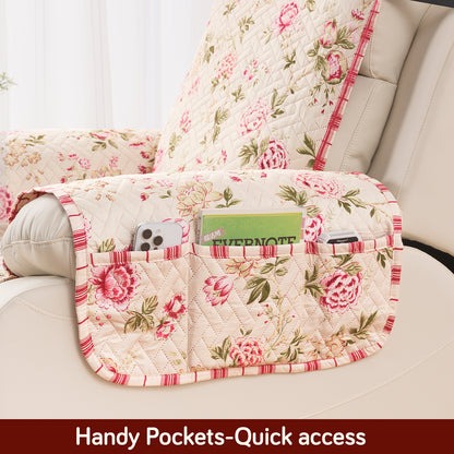 Quilted Cover for Recliner Sofa with SecureFit Belt & Side Pocket, Beige Peonies