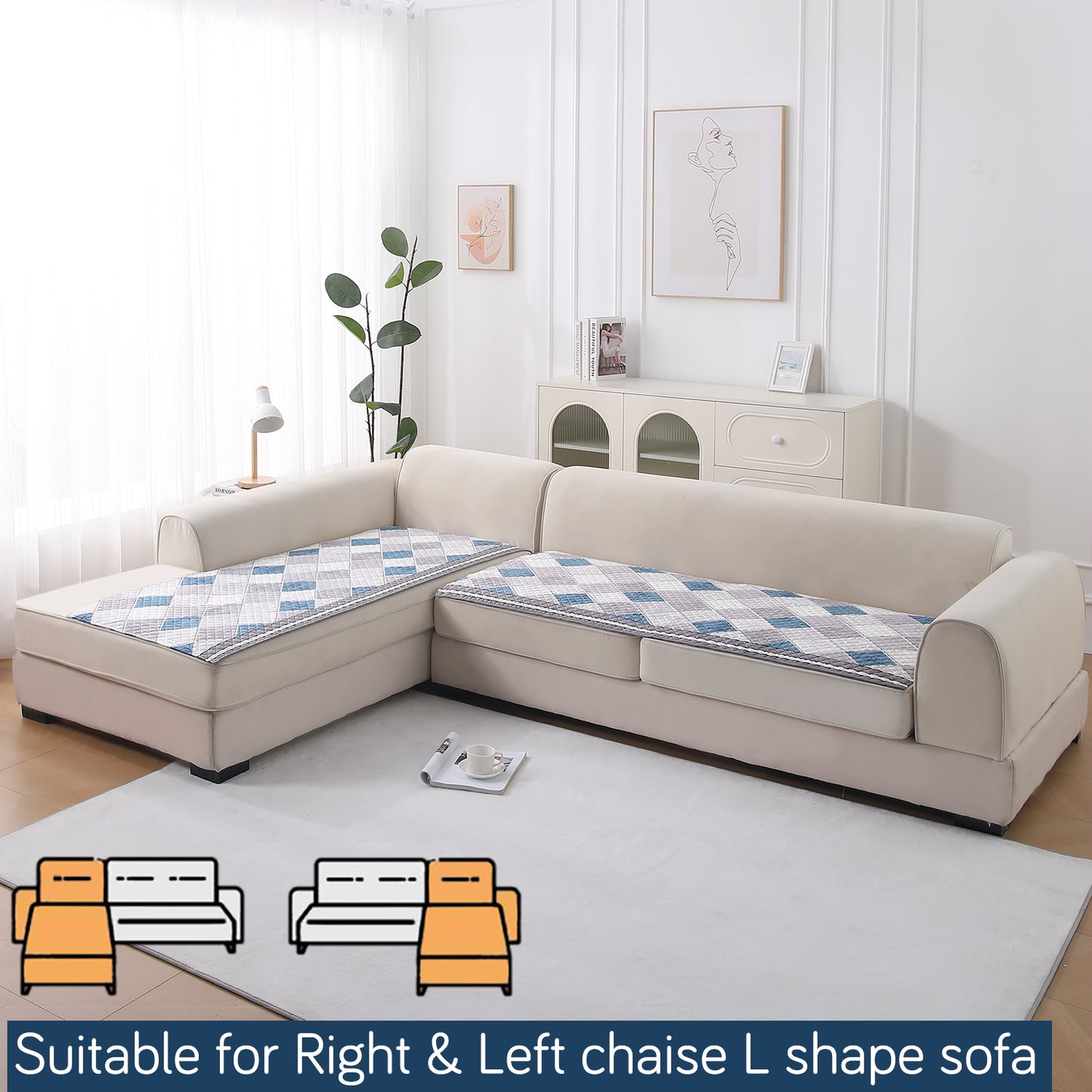 LiefNest Printed Holland Velvet L Shape Sofa Seat Mat with Foam Filling - Diamond Slate Grey Blue