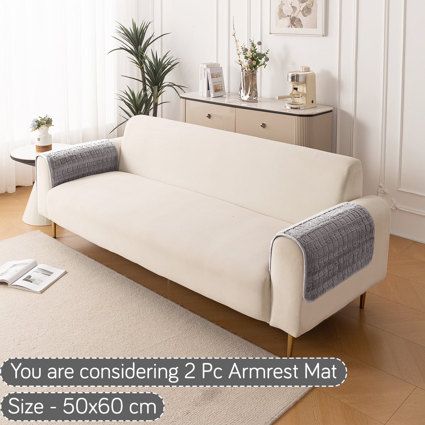 Premium Plush Set of 2 Sofa Armrest Covers, Light Grey