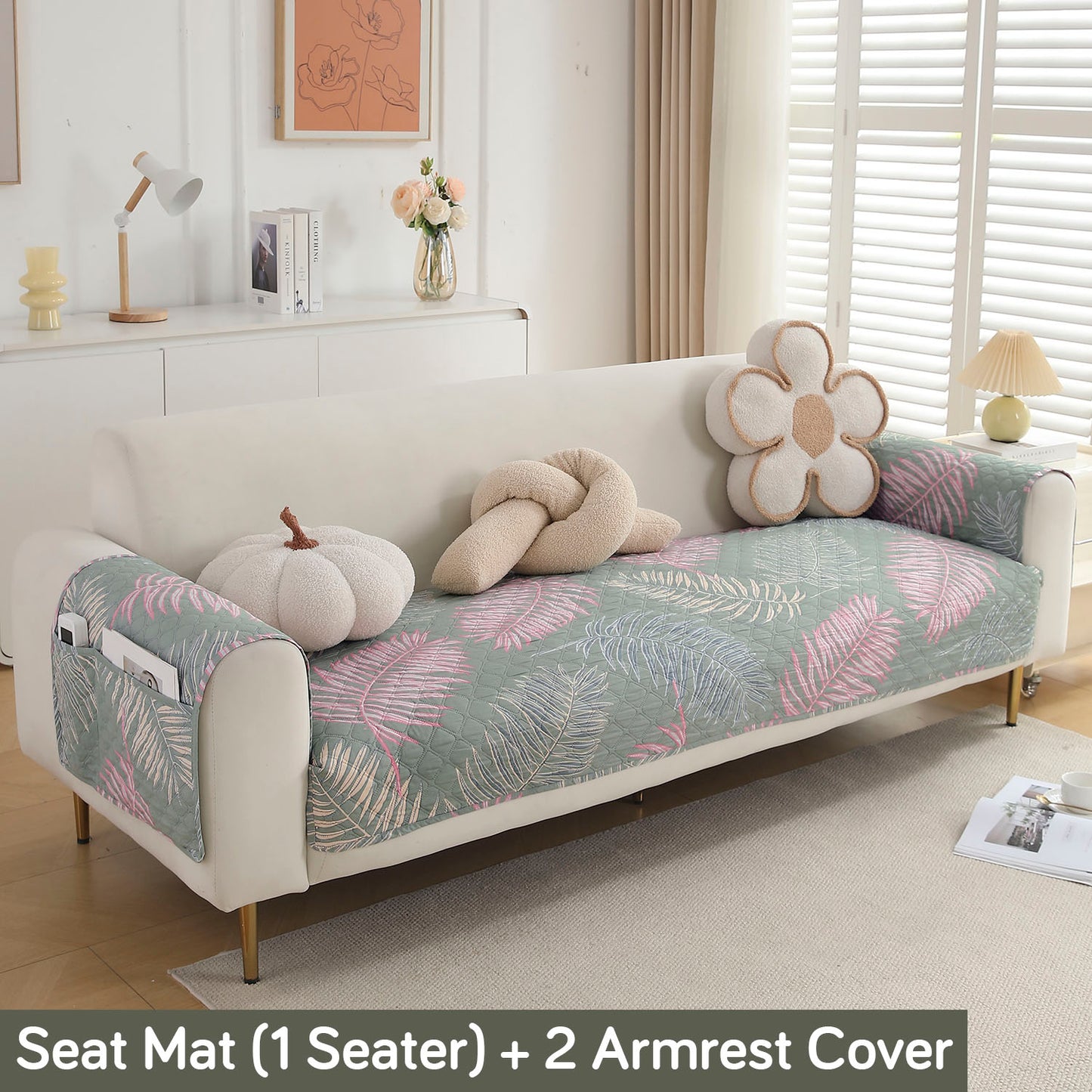 Quilted Sofa Seat Mat with Two Armrest Covers with Pockets for 1/2/3 Seater Sofa, Tropical Leaves Pastel Green