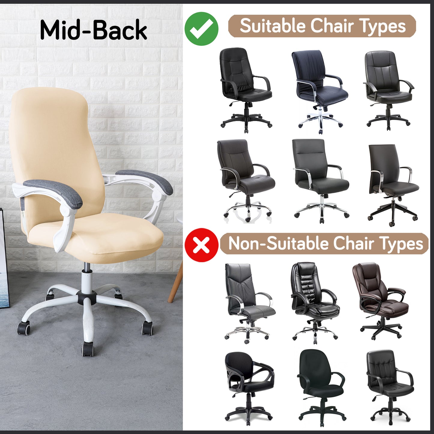 Office Chair Cover for Desk Chair (Mid-Back) – 140 GSM Stretch Fabric – Washable, Durable & Anti-Slip – Fits Mid-Back Office Chairs, Beige