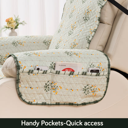Quilted Cover for Recliner Sofa with SecureFit Belt & Side Pocket, Light Green Ash Gypsy Flower
