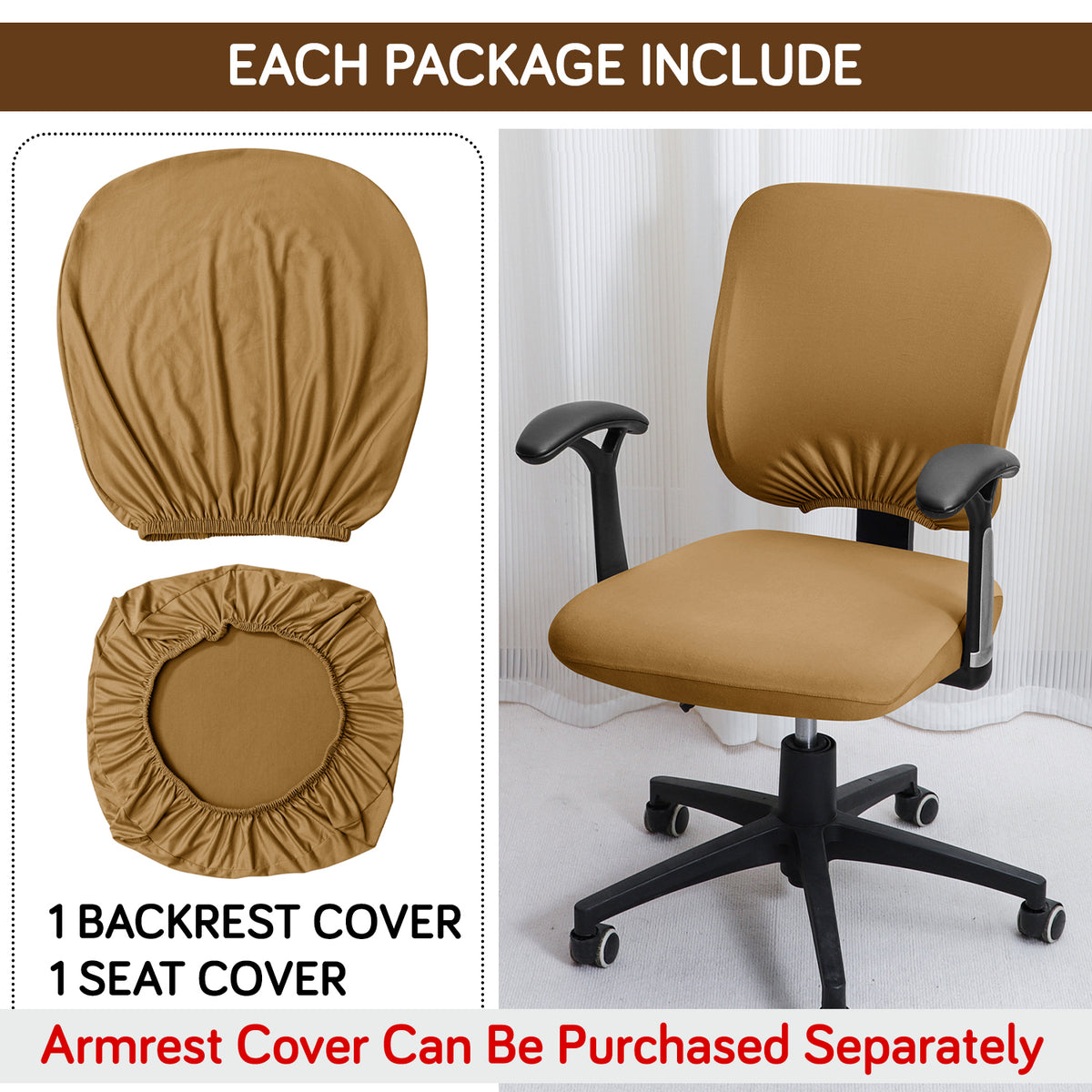 Office Chair Cover for Task Chair – 140 GSM Stretchable Fabric – Washable & Anti-Slip – Fits Small Office Chairs Without Headrest, Camel