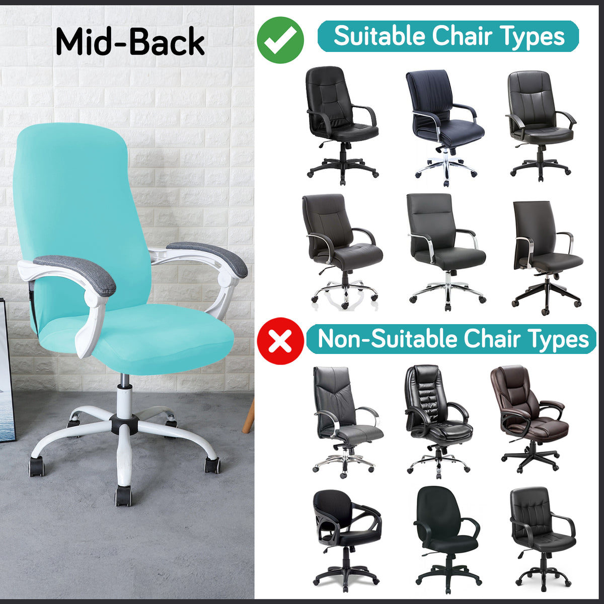 Office Chair Cover for Desk Chair (Mid-Back) – 140 GSM Stretch Fabric – Washable, Durable & Anti-Slip – Fits Mid-Back Office Chairs, Sky Blue