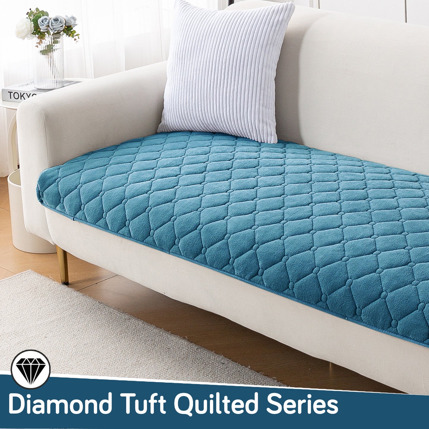 Diamond Tuft Plush Sofa Cover Mat, Dusty Teal