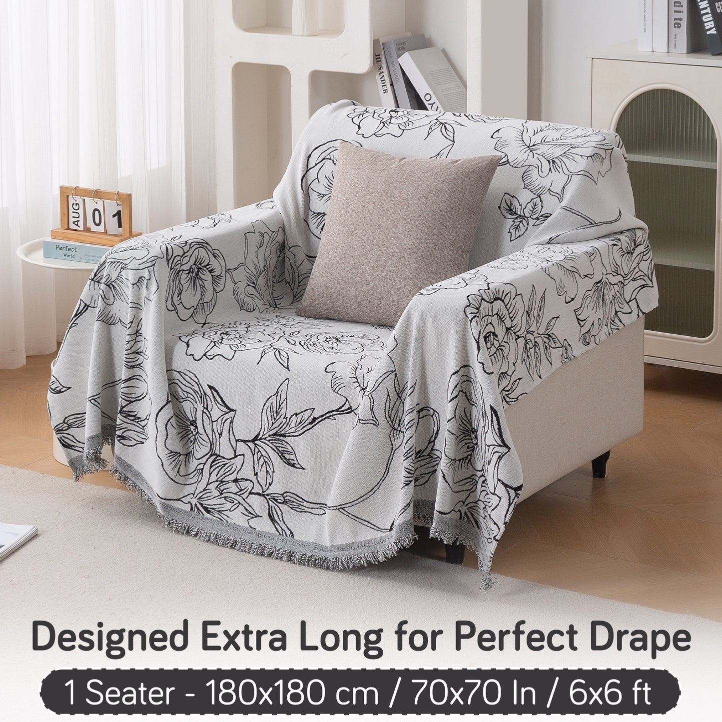 Premium 320 GSM Chenille Sofa Cover Throw All Season 'Serene Abode Series', White Rose Garden