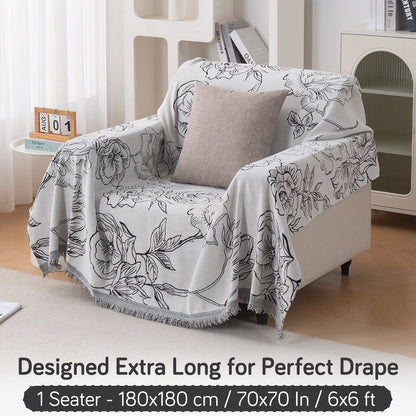 Premium 320 GSM Chenille Sofa Cover Throw All Season 'Serene Abode Series', White Rose Garden