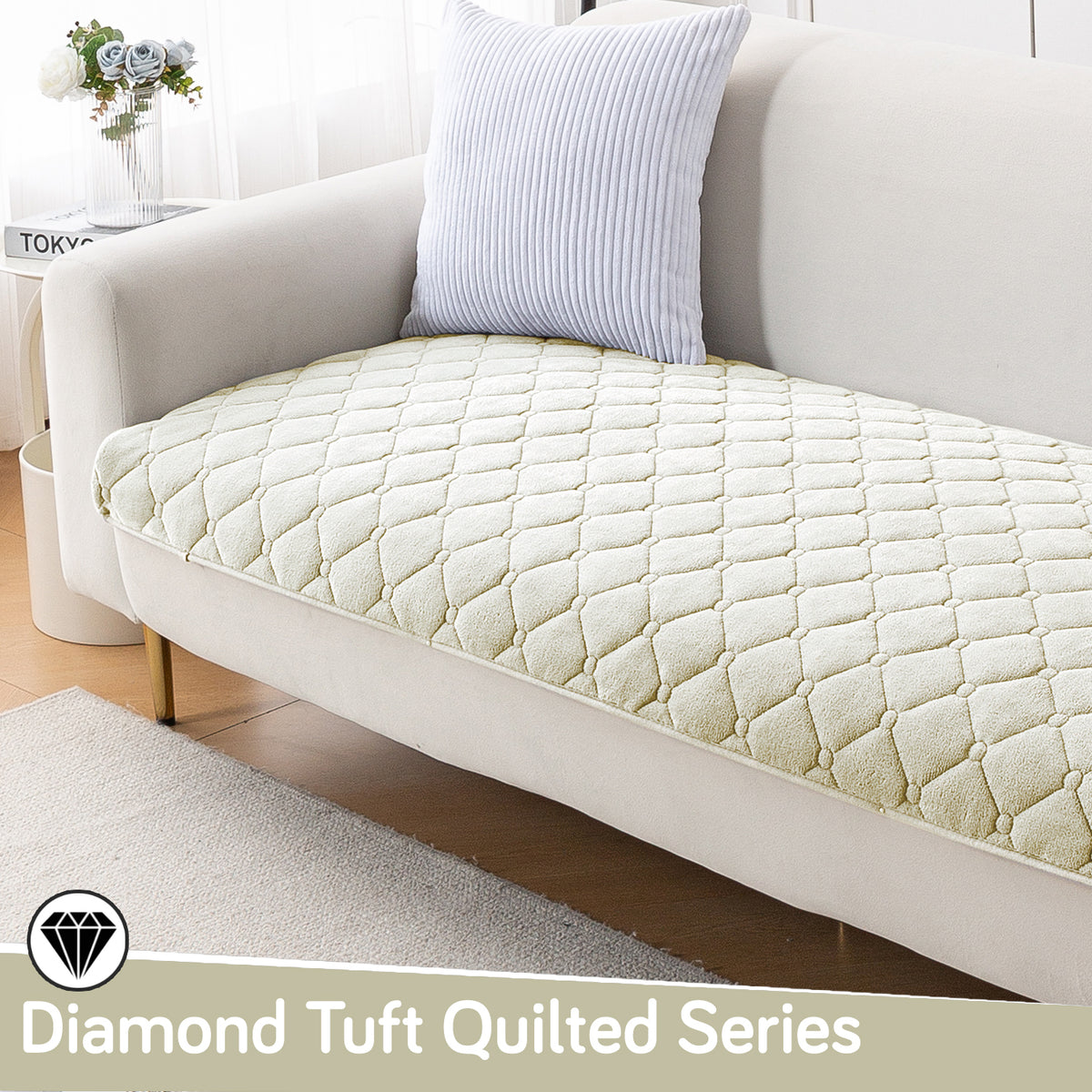 Diamond Tuft Plush Sofa Cover Mat, Ivory Cream