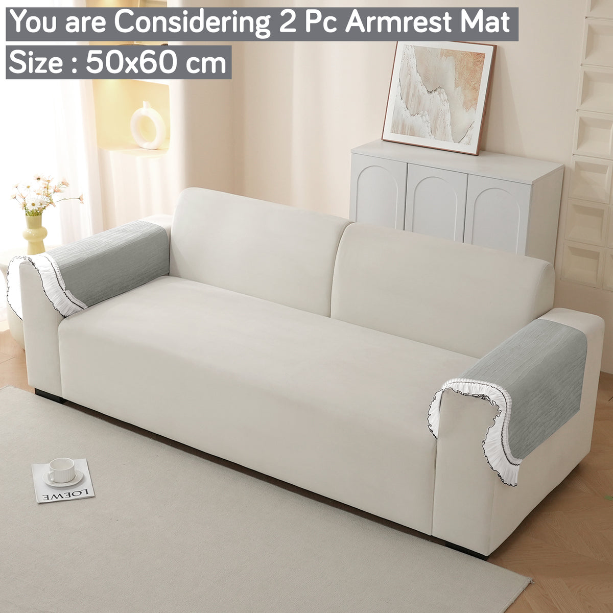 French Lace & Luxe with White Ruffle Edge Sofa Cover Mat, Featherlight Grey - view 17