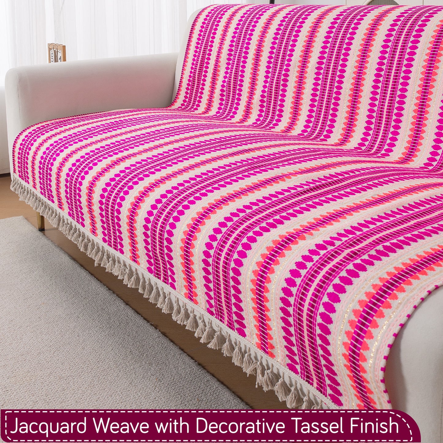 Artisan Boho Series 5-Seater Sofa Cover with Tassels (3+1+1), Fuchsia Pink