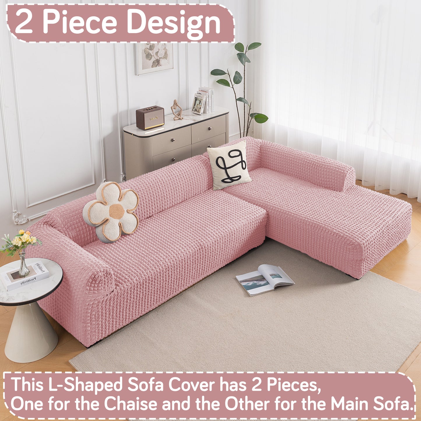 Aria Nova Bubble 2-Piece Stretchable L Shape Sofa Cover with Right Chaise, Tea Rose Pink