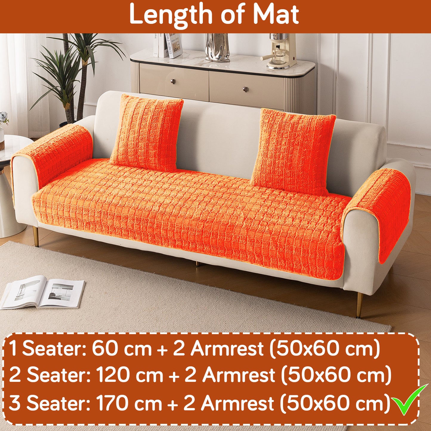 Premium Plush Sofa Cover Mat with 2 Arm Cover, Orange