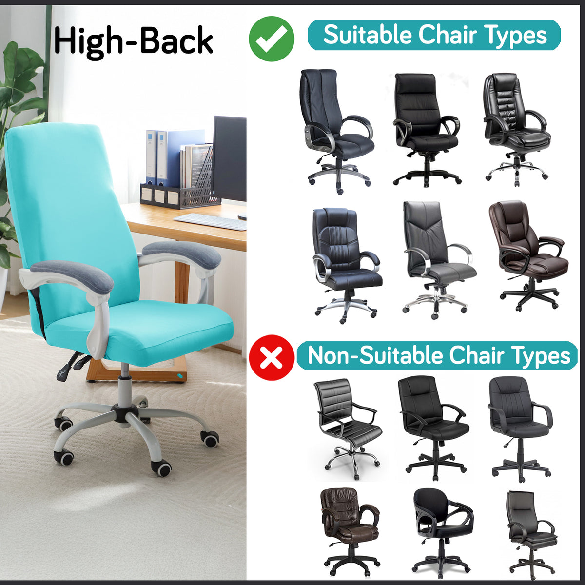 Office Chair Cover for Executive Chair (High-Back) – 140 GSM Stretchable Fabric – Washable & Anti-Slip – Fits Big & Tall Office Chairs, Sky Blue