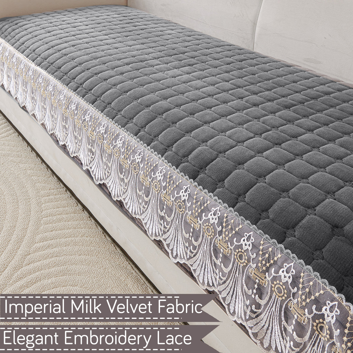 BelleLace Series Imperial Milk Velvet L Shape Sofa Cover Mat with Lace Design - Porpoise Grey