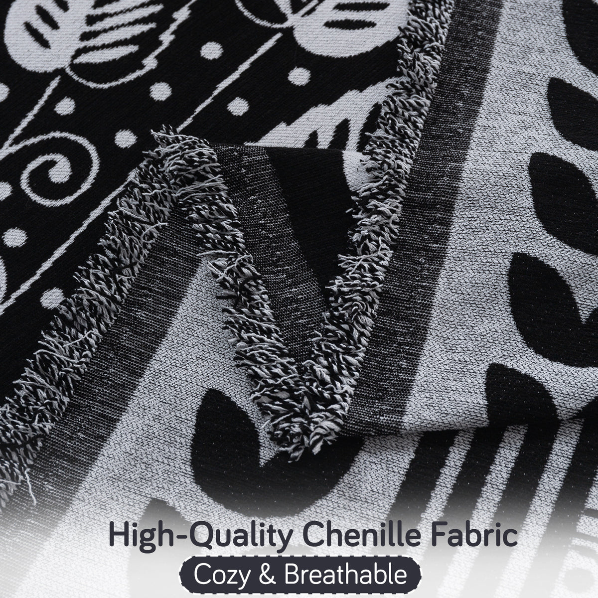 Premium 320 GSM Chenille Sofa Cover 'Serene Abode Series', Black Fern Tribal