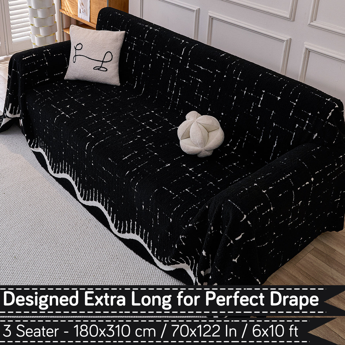 Buy Black Colour Supple Soft Wavy Plush Sofa Throw – 3 Seater Sofas | HOKIPO