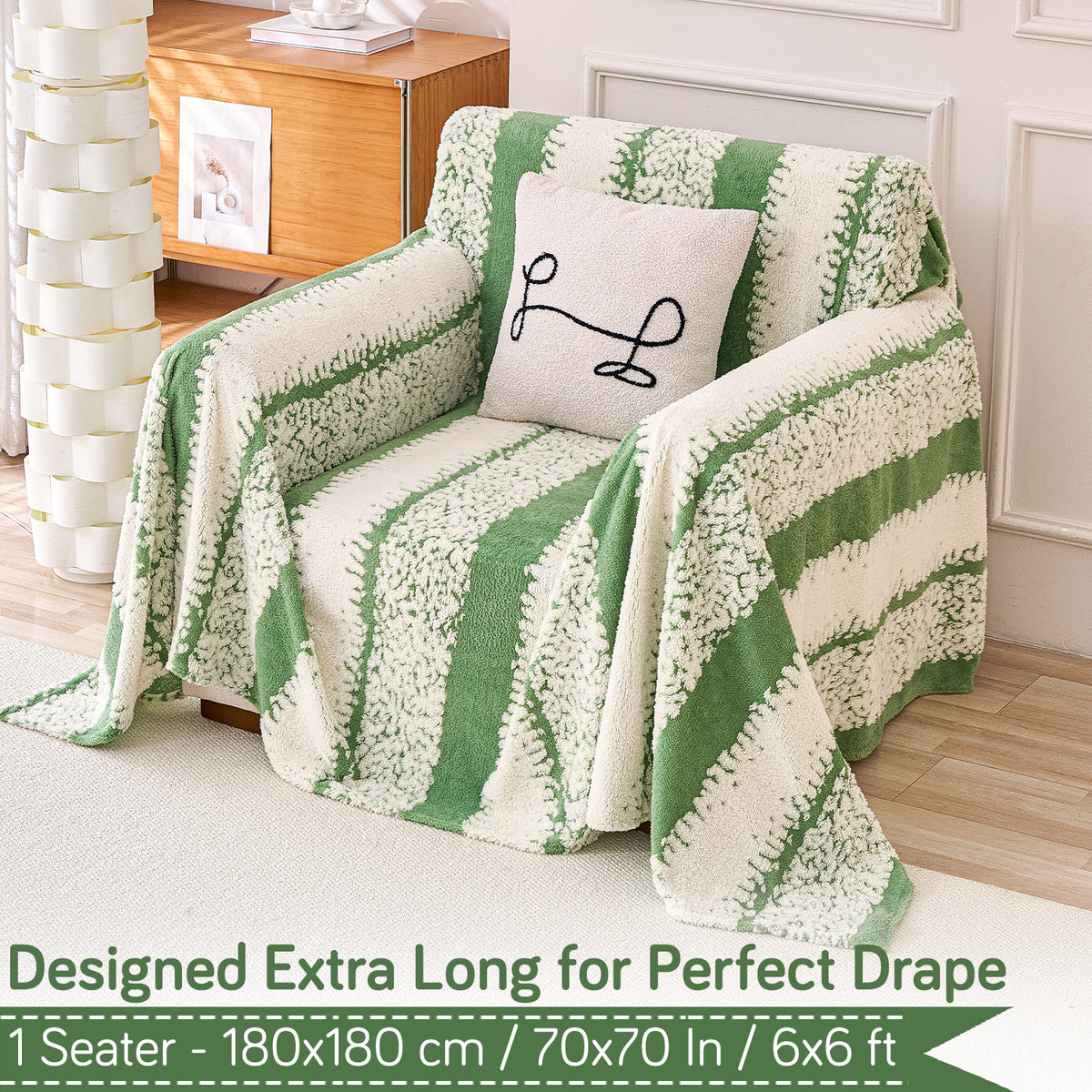 Buy Pistachio Green Colour Luxury Wavy Plush Sofa Throw Cover | HOKIPO 