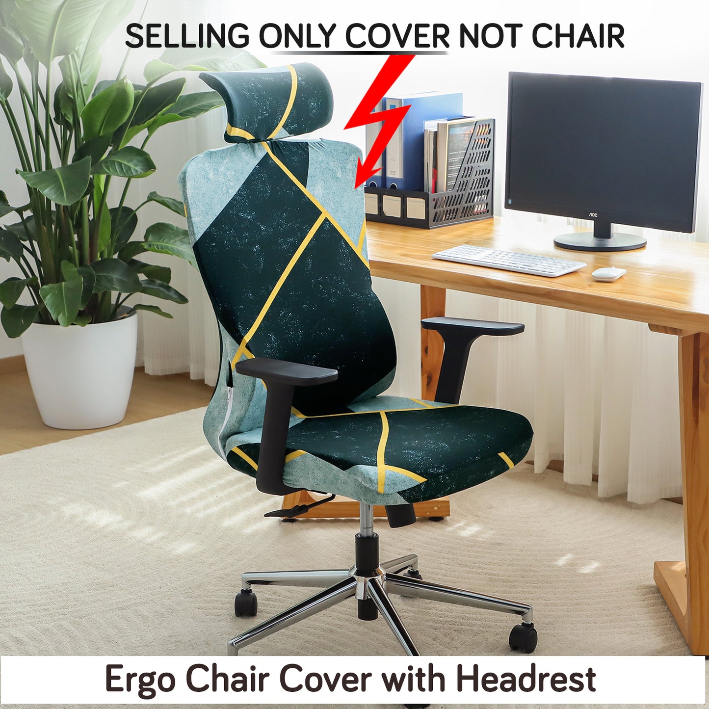 Printed Office Chair Cover with Headrest (High-Back) – 140 GSM Stretch Fabric – Washable, Anti-Slip Fit for Ergonomic Mesh Office Chairs, Multicolor Abstract Geometry
