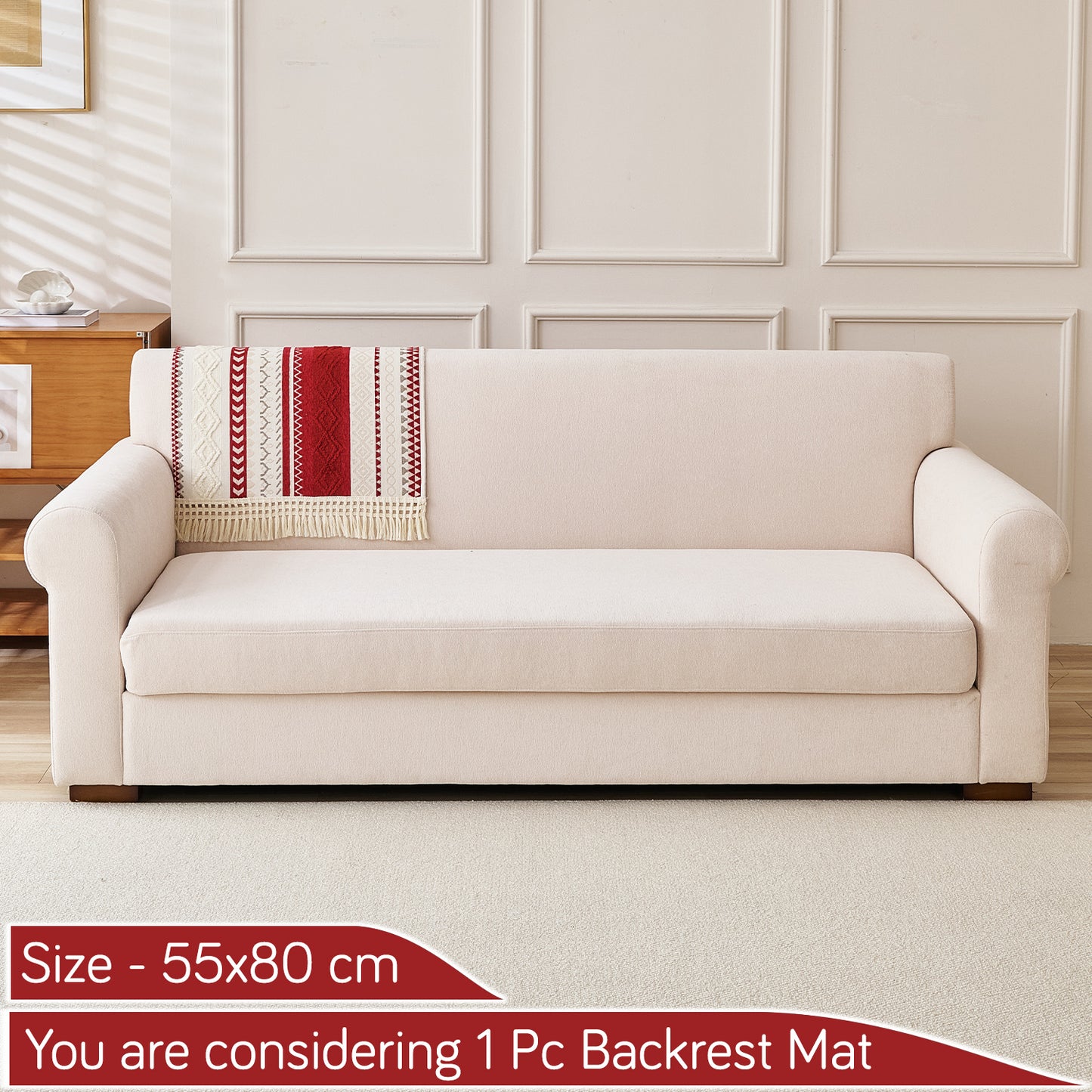 Nordic Boho Geometric Sofa Cover Mat with Tassel, 'Nordic Tassel Series'  Ruby Cream