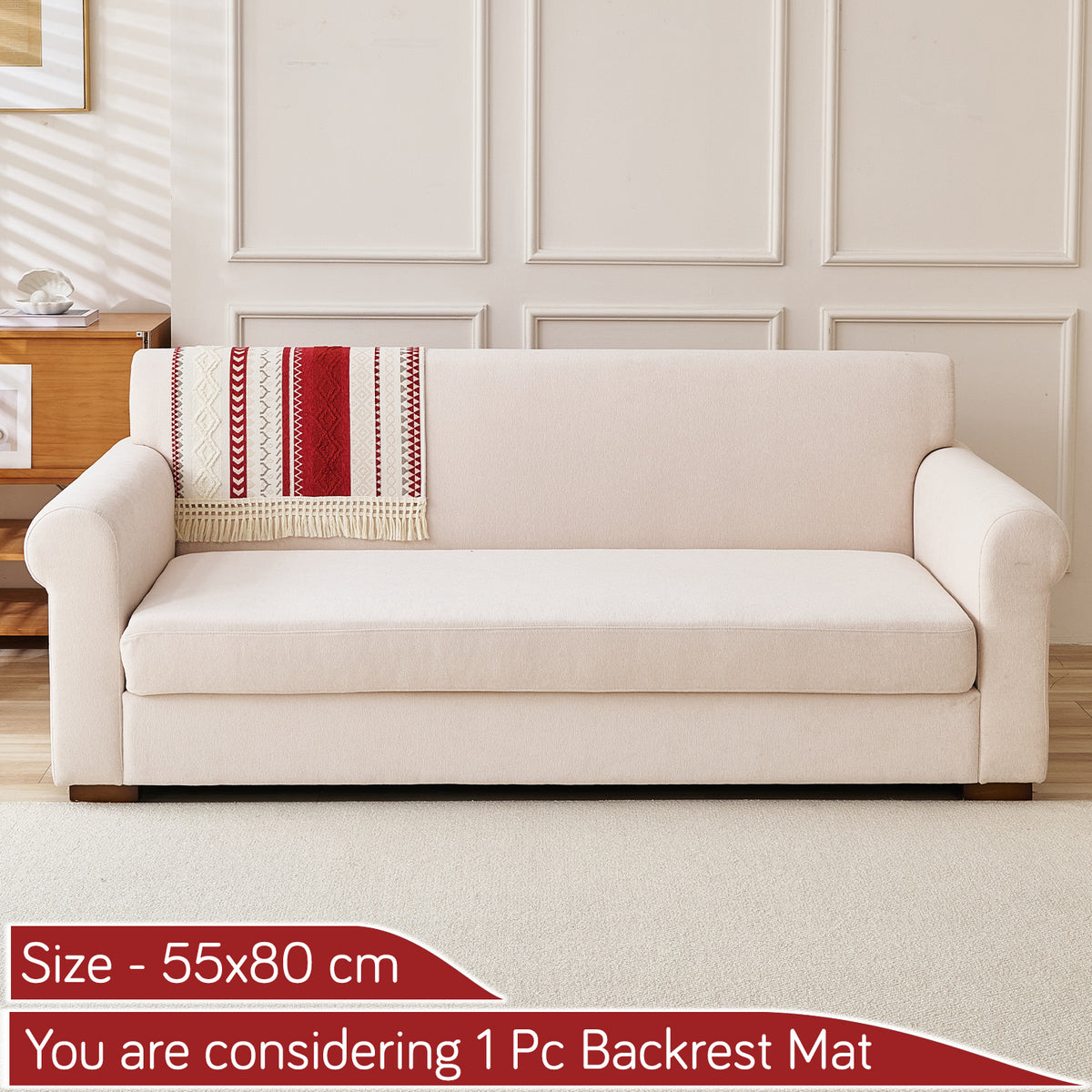 Nordic Boho Geometric Sofa Cover Mat with Tassel, 'Nordic Tassel Series'  Ruby Cream