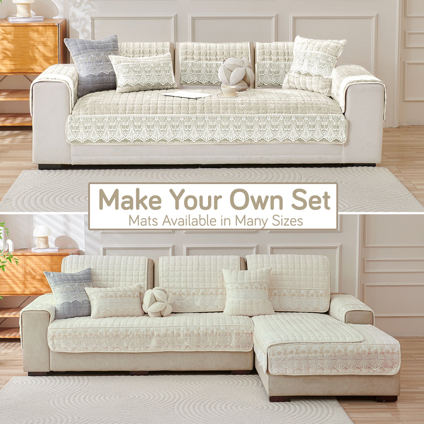 BelleLace Series Premium Imperial Milk Velvet Sofa Cover Mat with Lace Design -  Pearl White