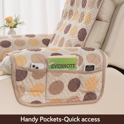 Quilted Cover for Recliner Sofa with SecureFit Belt & Side Pocket, Brown Polka Dot