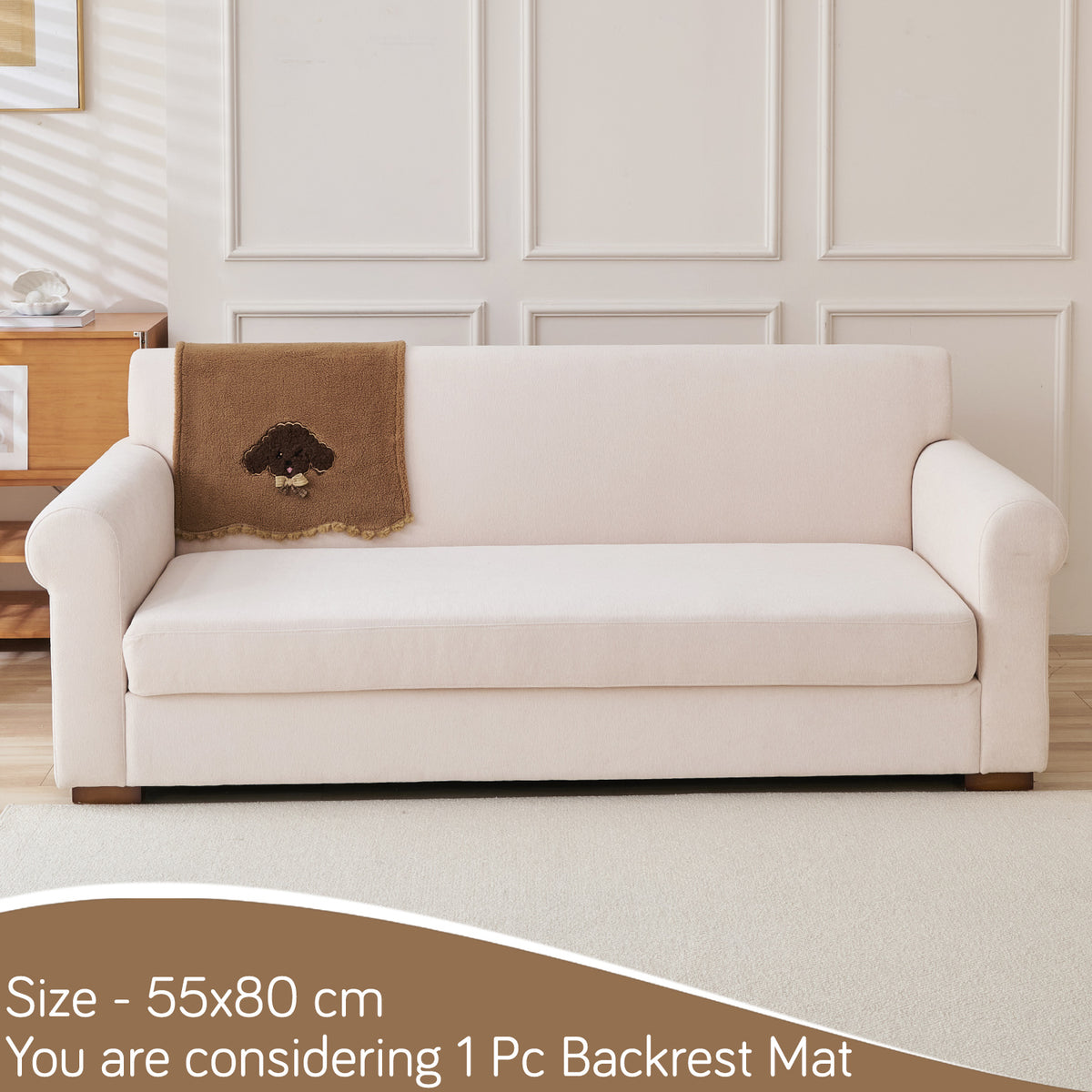 CloudHug Plush Sofa Cover Mat with PomPom and Wavy Edges, Mocha Cocoa