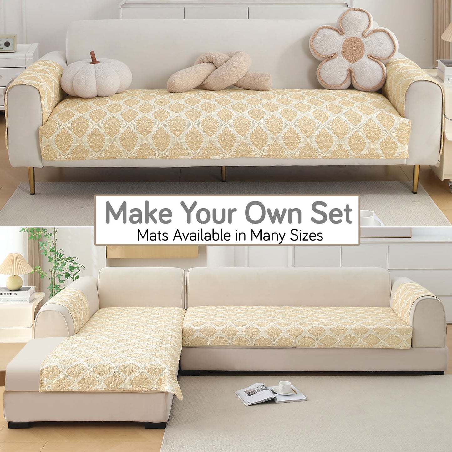 Polyester Printed Quilted Sofa Cover Mats, Ogee Ivory