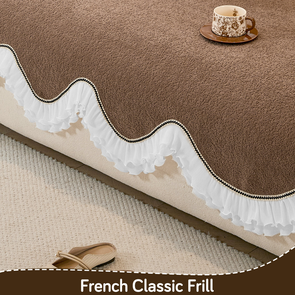 French Classic Frill Wavy Sofa Cover Mat, Mocha Luxe Brown
