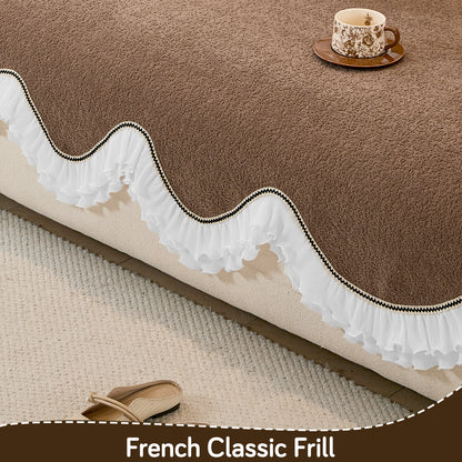 French Classic Frill Wavy Sofa Cover Mat, Mocha Luxe Brown