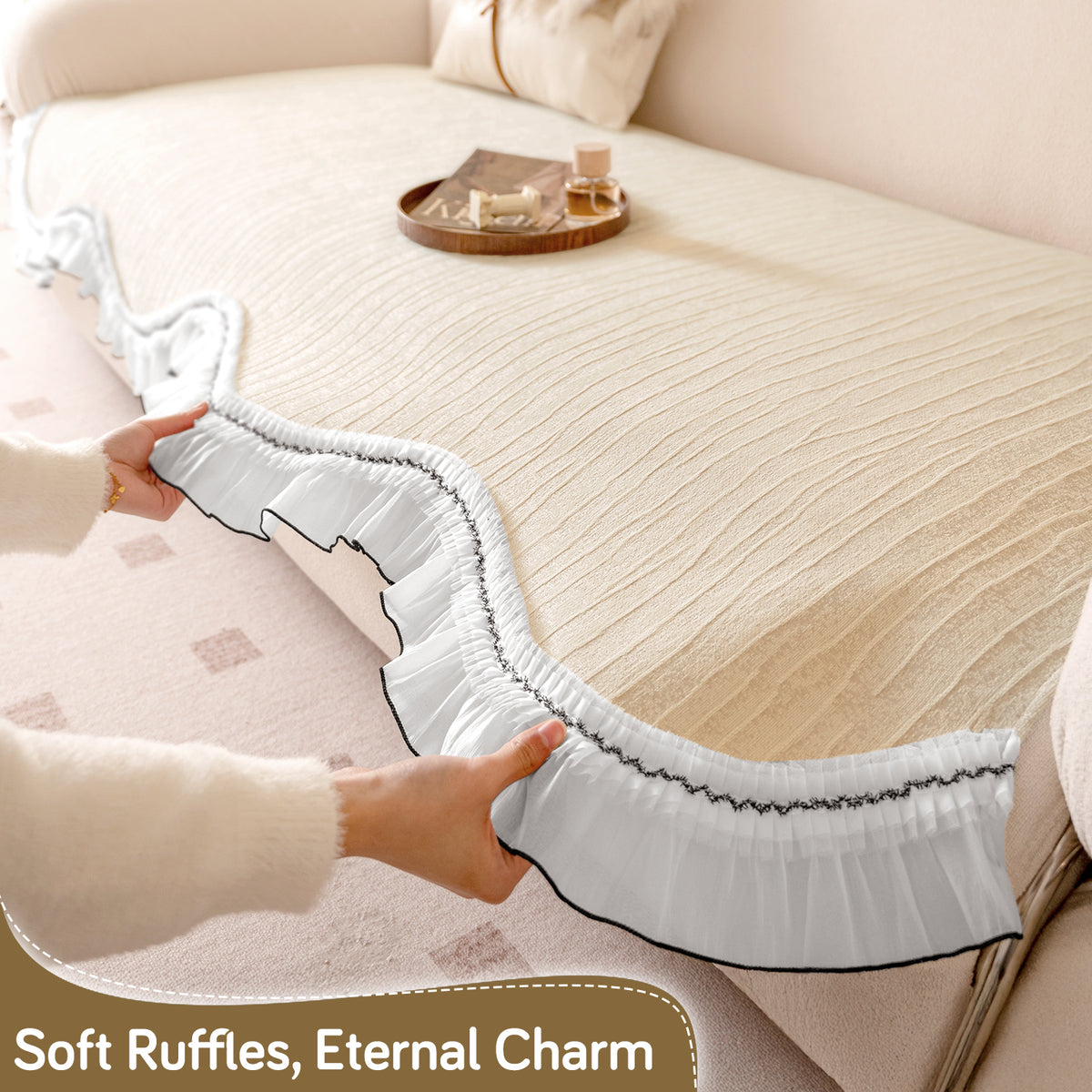 French Lace & Luxe with White Ruffle Edge Sofa Cover Mat, Moonstone Beige