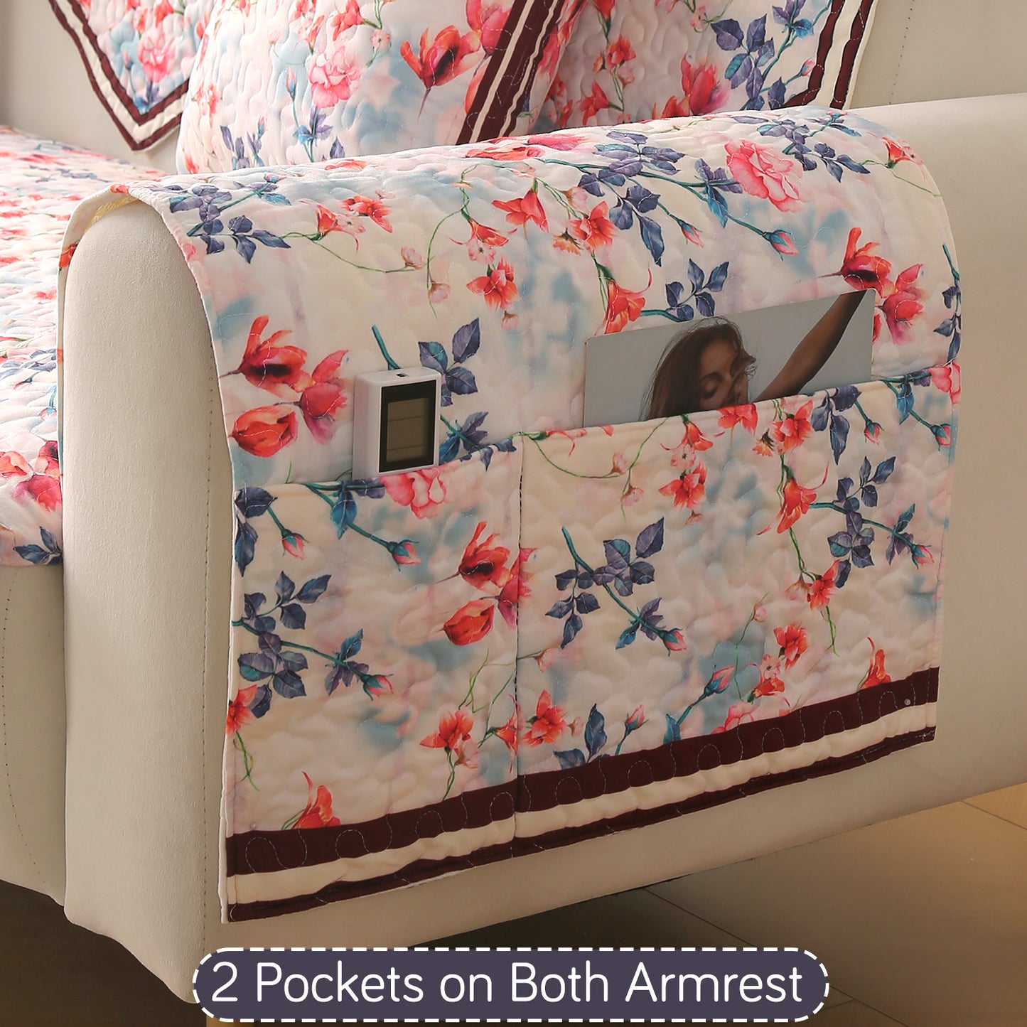 Florentina Series Printed Holland Velvet Sofa Mat - Scarlet Rose Ivory