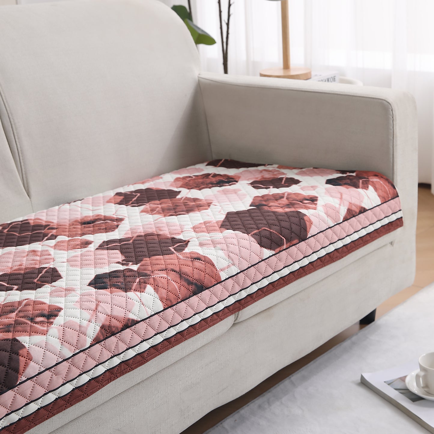 LiefNest Printed Holland Velvet Sofa Mat with Foam Filling - Geometric Hexagon Cider Red for 1/2/3 Seater & Armrest