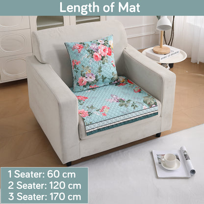 LiefNest Printed Holland Velvet Sofa Mat with Foam Filling - Fresh Floral Pastel Blue for 1/2/3 Seater & Armrest