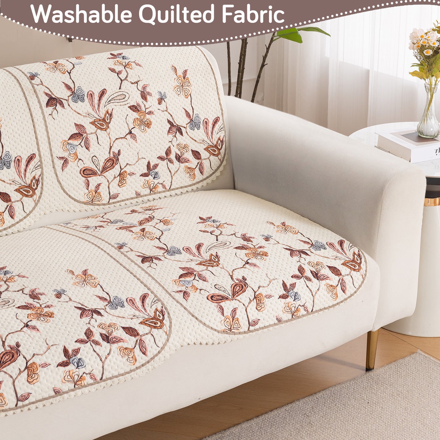 HeavenHue Fleece Soft Touch Quilted Sofa Cover Set – Washable Sofa Panel for Seat & Back - Autumn Whisper