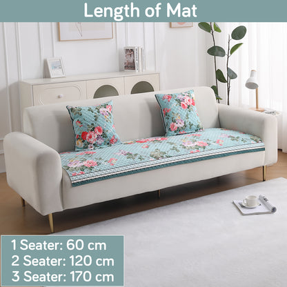 LiefNest Printed Holland Velvet Sofa Mat with Foam Filling - Fresh Floral Pastel Blue for 1/2/3 Seater & Armrest