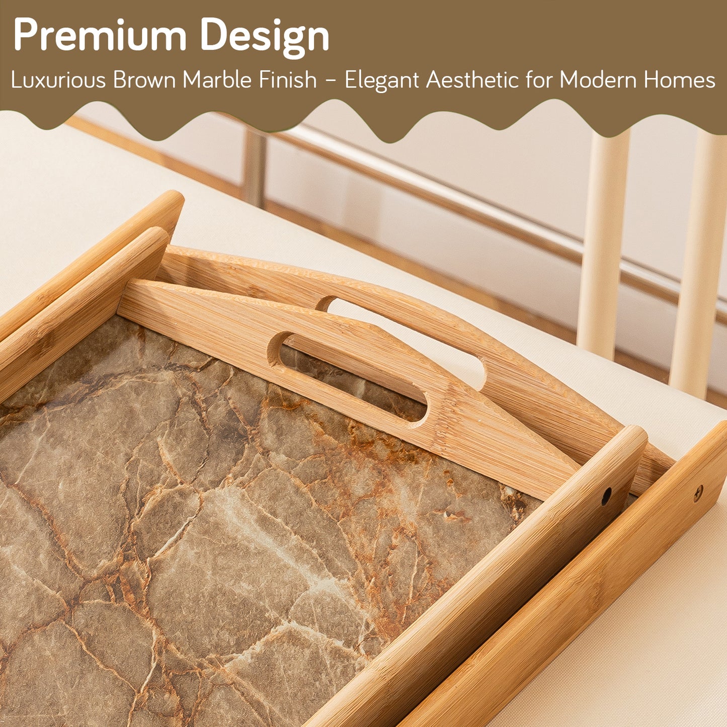 Bamboo Set of 2 Serving Trays with Handles – elegant faux marble base, Brown