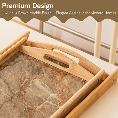 Bamboo Set of 2 Serving Trays with Handles – elegant faux marble base, Brown