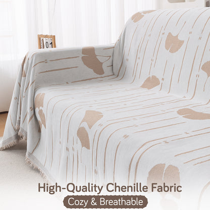 Premium 320 GSM Chenille Sofa Cover Throw All Season 'Serene Abode Series', Beige Ginkgo Lines