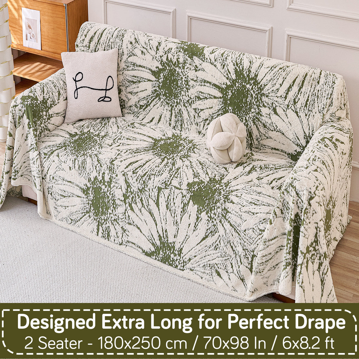 Buy Moss Green Colour DaisyBloom Series Luxury Plush Sofa Throw – 2 Seater Sofas | HOKIPO