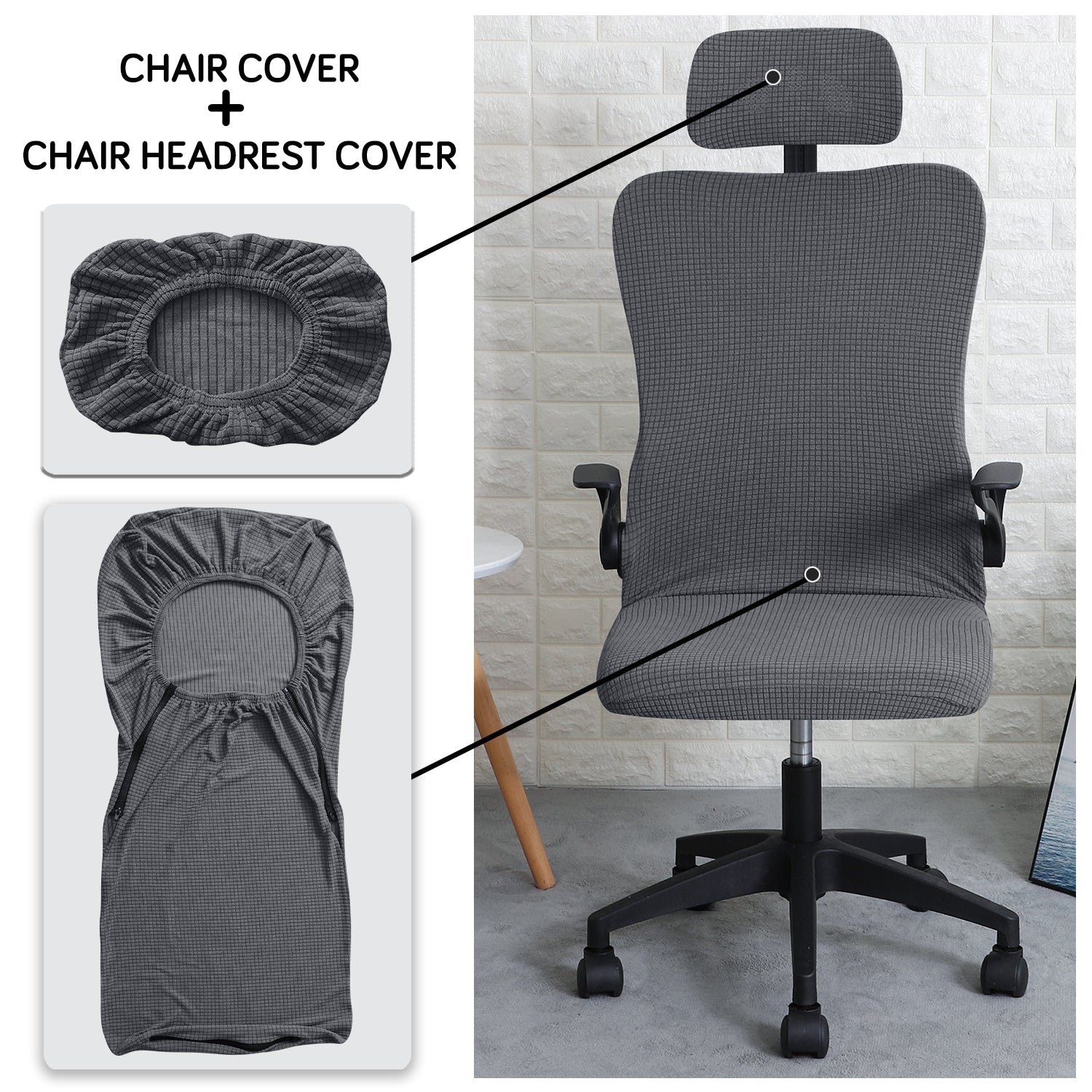 Stretchable Jacquard Office Boss Chair Seat Cover with Headrest Cover for Computer Desk Chair, Dark Grey