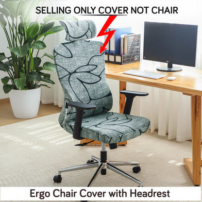 Printed Office Chair Cover with Headrest (High-Back) – 140 GSM Stretch Fabric – Washable, Anti-Slip Fit for Ergonomic Mesh Office Chairs, Intense Grey Abstract Floral