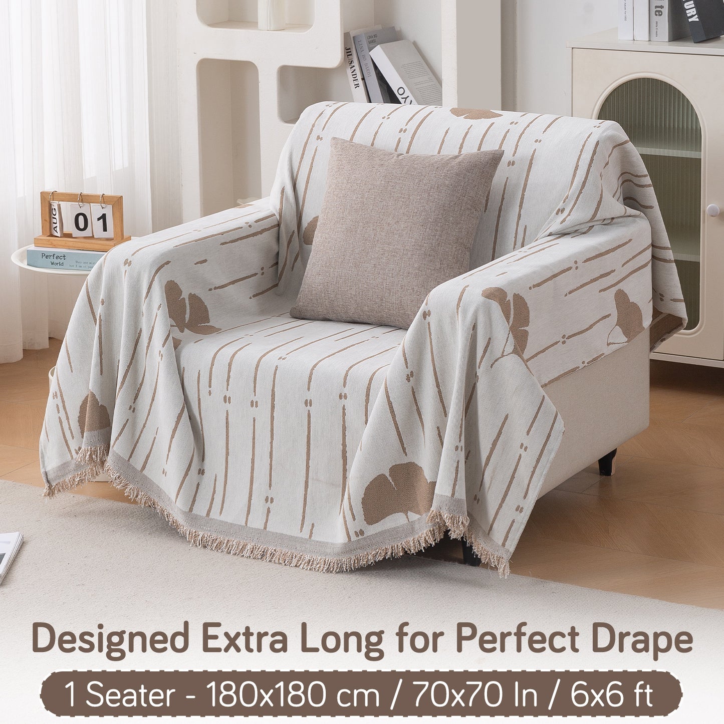 Premium 320 GSM Chenille Sofa Cover Throw All Season 'Serene Abode Series', Beige Ginkgo Lines