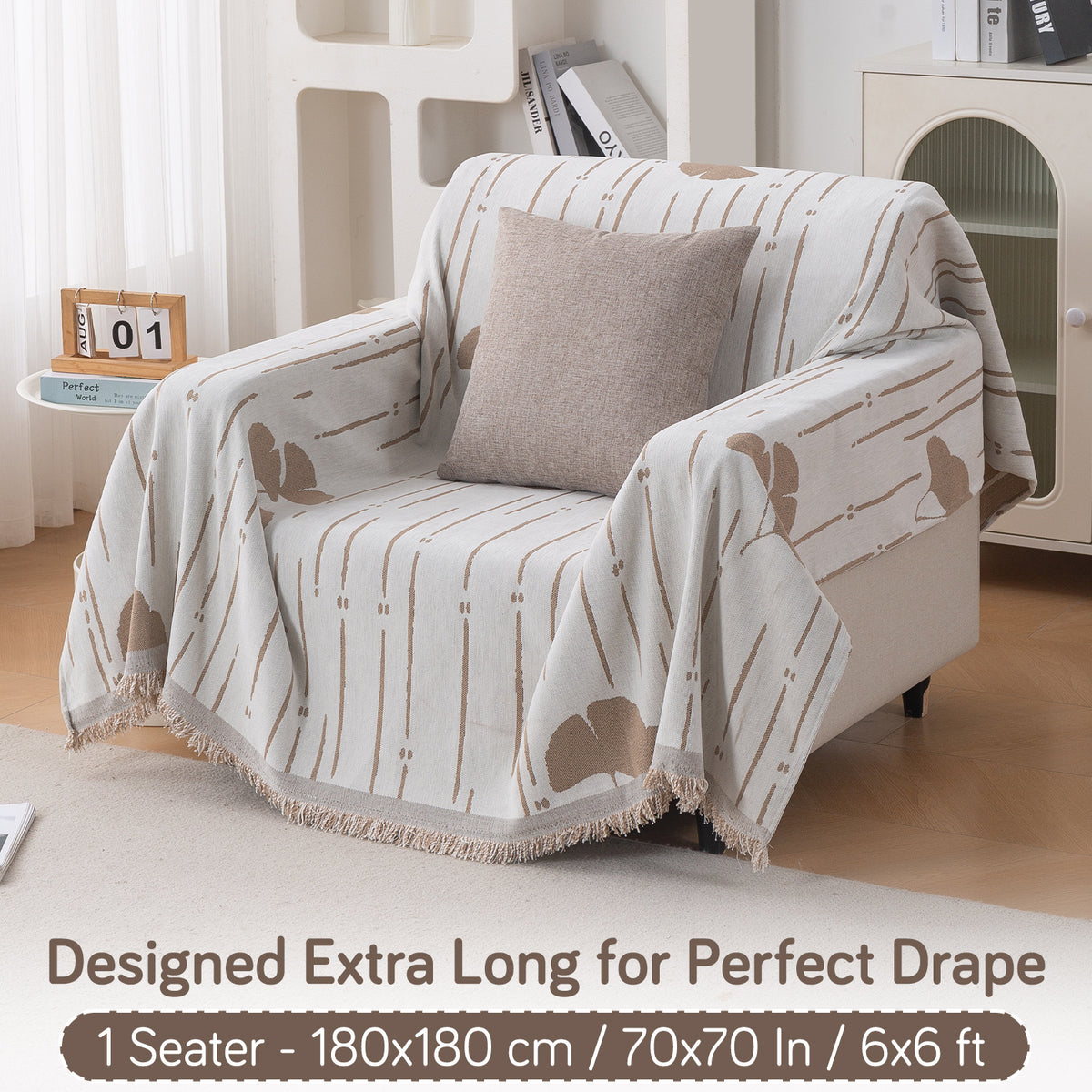 Buy Beige Ginkgo Lines Serene Abode Chenille 1 Seater Sofa Throw | HOKIPO