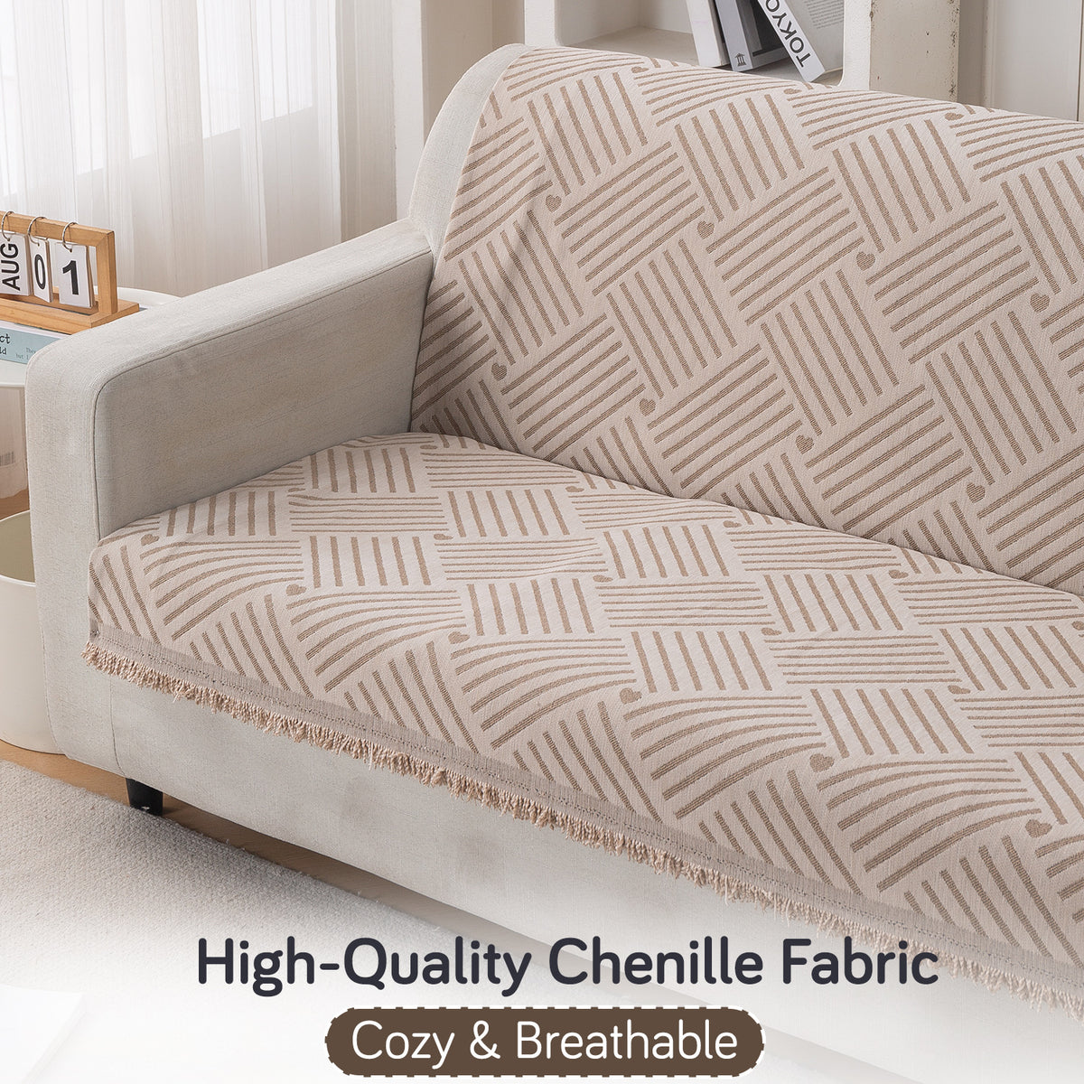 Premium 320 GSM Chenille Sofa Cover 'Serene Abode Series', Beige Geo Weave