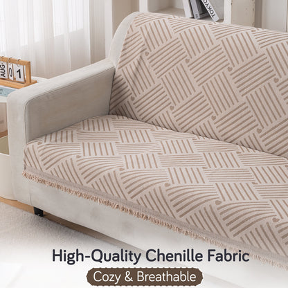 Premium 320 GSM Chenille Sofa Cover 'Serene Abode Series', Beige Geo Weave